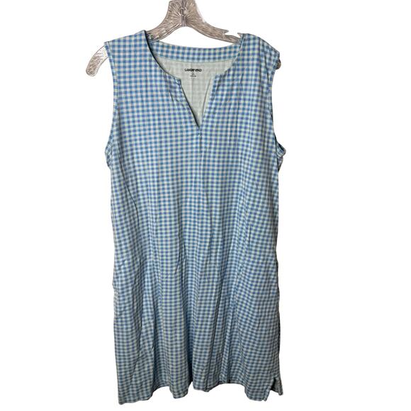 Lands’ End Sleeveless Gingham Shift Dress Blue White Size L 14-16 Pockets Read - Picture 1 of 9